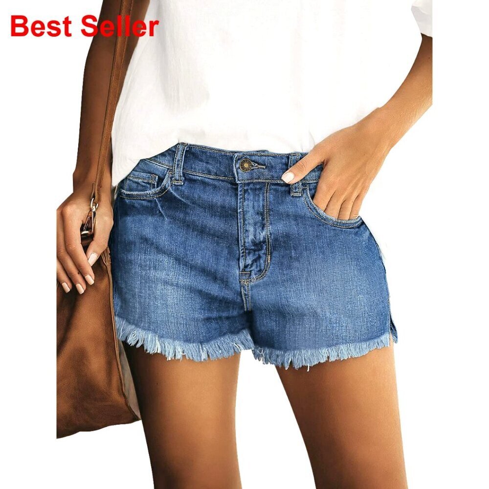Mid Rise Stretchy Denim Shorts Distressed Frayed Cut Off Casual